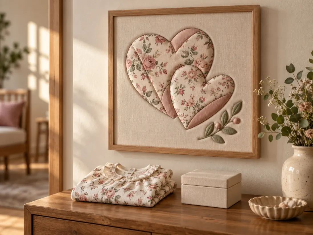 Cuadro kinusaiga de corazones realizado con una prenda de bebé