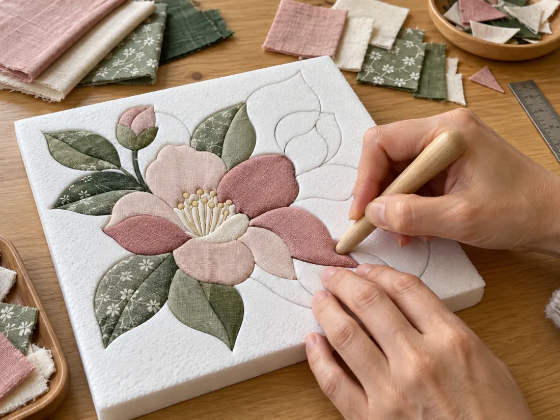 Manos encastrando un retazo rosa en una base de telgopor para formar una flor