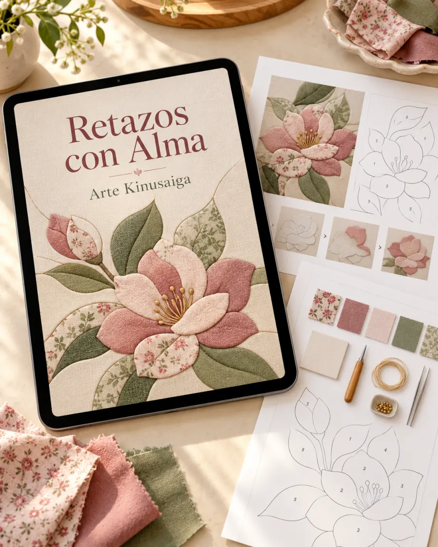 Manual digital Retazos con Alma junto a páginas de muestra y retazos